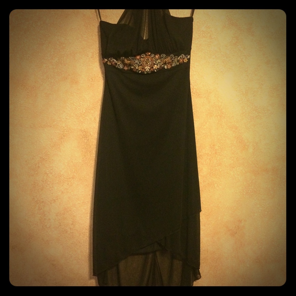 Taboo sheer halter top long black dress, high low